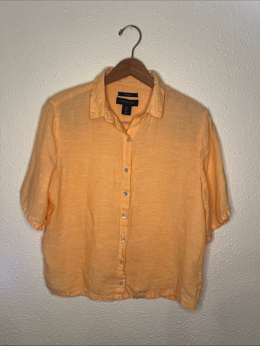 Tahari Women's Short-Sleeve Button-Down Shirt in Peach 100% Linen